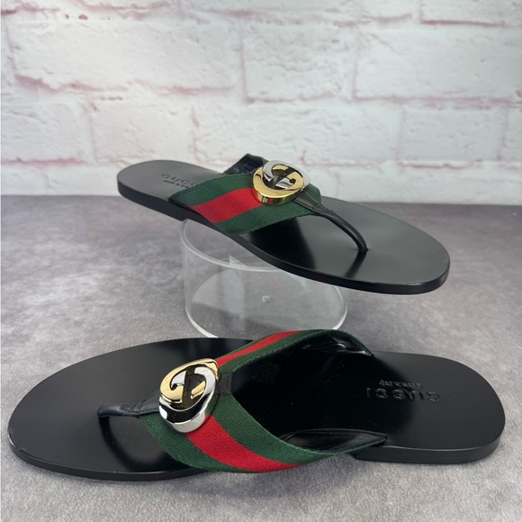 Gucci Men’s Leather Thong Sandals with Web Strap GG Interlocking 8 - Picture 1 of 12